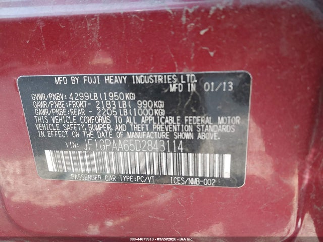 44679913 :رقم المزاد ، JF1GPAA65D2843114 vin ، 2013 Subaru Impreza Wagon 2.0i مزاد بيع