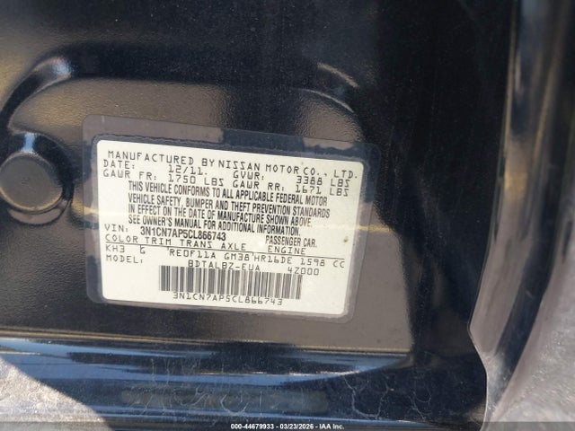 Продажа на аукционе авто 2012 Nissan Versa 1.6 Sv, vin: 3N1CN7AP5CL866743, номер лота: 44679933
