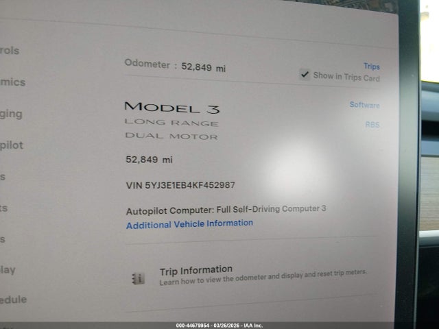 Продажа на аукционе авто 2019 Tesla Model 3 Long Range/performance, vin: 5YJ3E1EB4KF452987, номер лота: 44679954