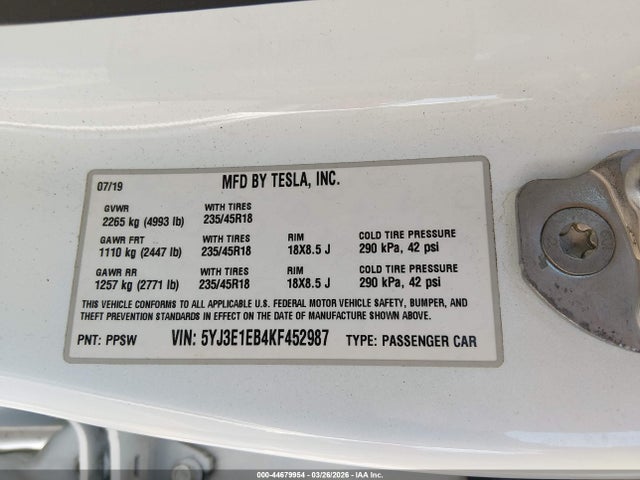 Продажа на аукционе авто 2019 Tesla Model 3 Long Range/performance, vin: 5YJ3E1EB4KF452987, номер лота: 44679954