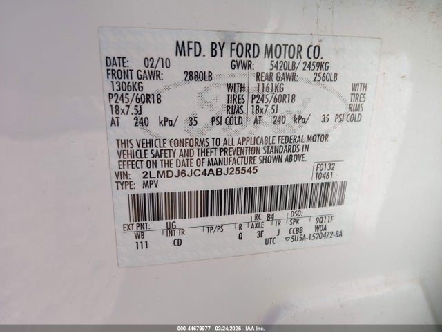 44679977 :رقم المزاد ، 2LMDJ6JC4ABJ25545 vin ، 2010 Lincoln Mkx مزاد بيع