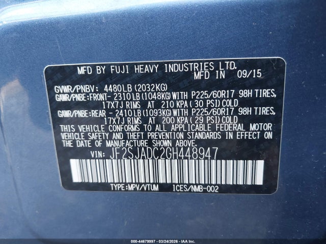 Aukcja sprzedaży 2016 Subaru Forester 2.5i Premium, vin: JF2SJADC2GH448947, numer aukcji: 44679997