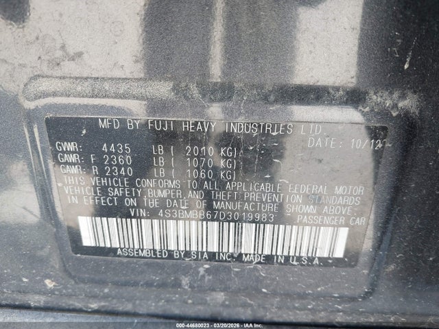 2013 Subaru Legacy 2.5i Premium მანქანა იყიდება აუქციონზე, vin: 4S3BMBB67D3019983, აუქციონის ნომერი: 44680023