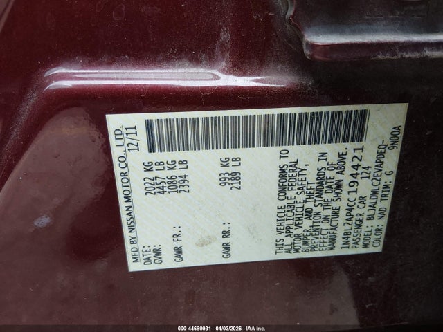 Aukcja sprzedaży 2012 Nissan Altima 3.5 Sr, vin: 1N4BL2AP4CC194421, numer aukcji: 44680031