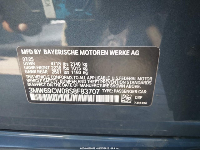 2025 Bmw 330i მანქანა იყიდება აუქციონზე, vin: 3MW69CW08S8F83707, აუქციონის ნომერი: 44680037