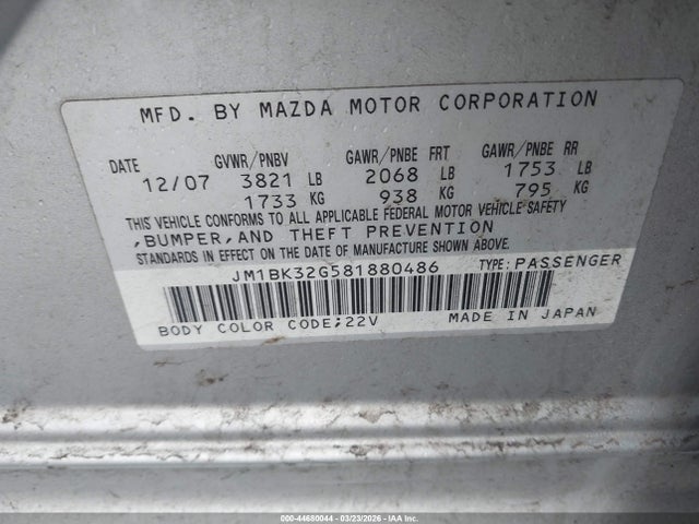 Aukcja sprzedaży 2008 Mazda Mazda3 I, vin: JM1BK32G581880486, numer aukcji: 44680044