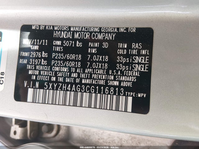 2012 Hyundai Santa Fe Se მანქანა იყიდება აუქციონზე, vin: 5XYZH4AG3CG116813, აუქციონის ნომერი: 44680076