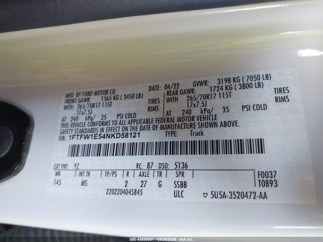 1FTFW1E54NKD58121 Ford F-150 Xlt