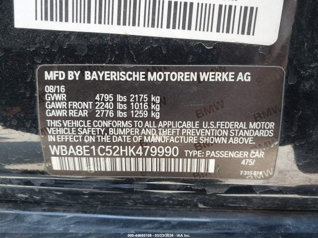 2017 Bmw 330e Iperformance მანქანა იყიდება აუქციონზე, vin: WBA8E1C52HK479990, აუქციონის ნომერი: 44680109