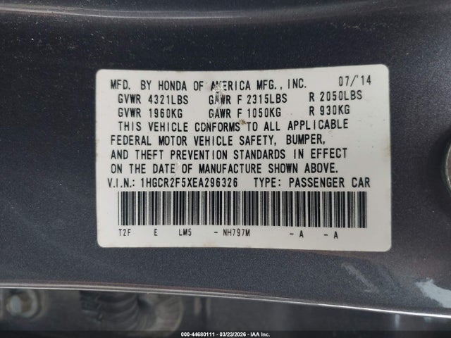 Honda Accord Sport 2014 1HGCR2F5XEA296326 Image 9
