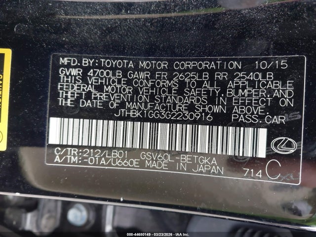 Aukcja sprzedaży 2016 Lexus Es 350, vin: JTHBK1GG3G2230916, numer aukcji: 44680149