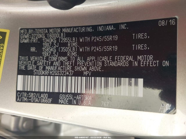 5TDDKRFH2GS323437 Toyota Highlander Limited Platinum V6