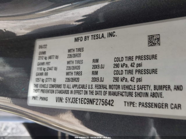 2022 Tesla Model 3 Performance Dual Motor All-wheel Drive მანქანა იყიდება აუქციონზე, vin: 5YJ3E1EC9NF275642, აუქციონის ნომერი: 44680170