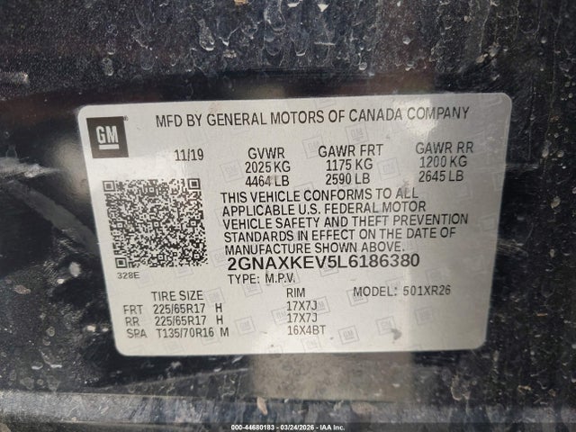 2020 Chevrolet Equinox Fwd Lt 1.5l Turbo მანქანა იყიდება აუქციონზე, vin: 2GNAXKEV5L6186380, აუქციონის ნომერი: 44680183