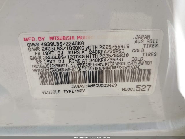 Aukcja sprzedaży 2012 Mitsubishi Outlander Se, vin: JA4AS3AW6CU003429, numer aukcji: 44680197