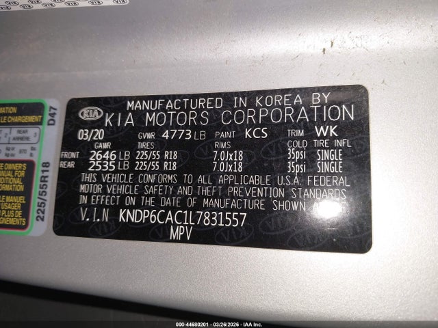 44680201 :رقم المزاد ، KNDP6CAC1L7831557 vin ، 2020 Kia Sportage S مزاد بيع