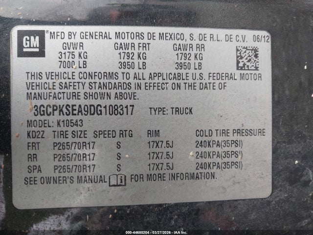 2013 Chevrolet Silverado 1500 Lt მანქანა იყიდება აუქციონზე, vin: 3GCPKSEA9DG108317, აუქციონის ნომერი: 44680204