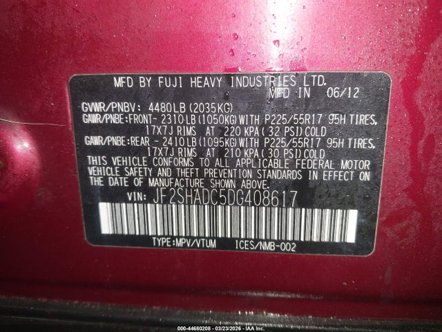 Aukcja sprzedaży 2013 Subaru Forester 2.5x Premium, vin: JF2SHADC5DG408617, numer aukcji: 44680208