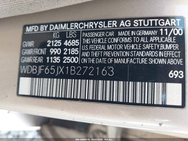 Продажа на аукционе авто 2001 Mercedes-benz E 320, vin: WDBJF65JX1B272163, номер лота: 44680216