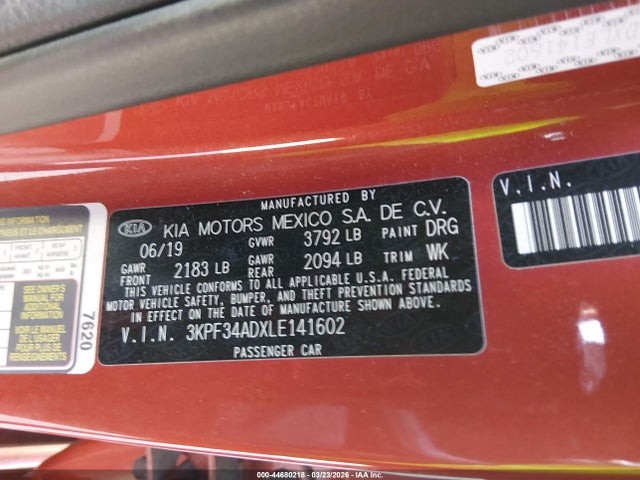 44680218 :رقم المزاد ، 3KPF34ADXLE141602 vin ، 2020 Kia Forte Gt-line مزاد بيع