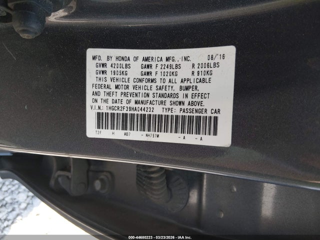 Aukcja sprzedaży 2017 Honda Accord Lx, vin: 1HGCR2F39HA044232, numer aukcji: 44680223