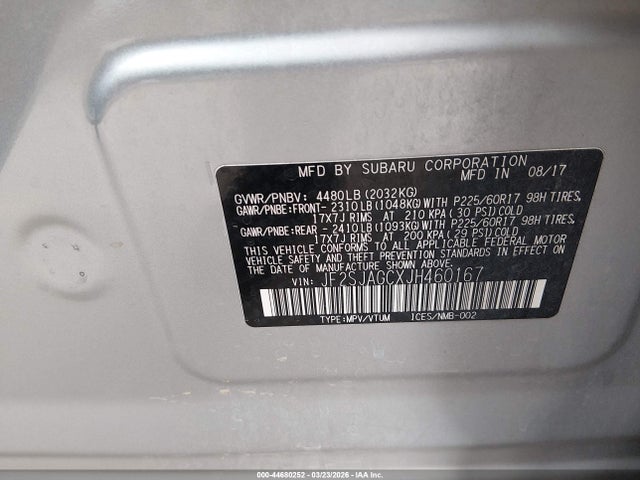 44680252 :رقم المزاد ، JF2SJAGCXJH460167 vin ، 2018 Subaru Forester 2.5i Premium مزاد بيع