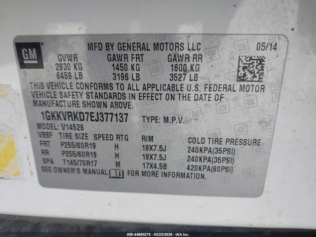Продажа на аукционе авто 2014 Gmc Acadia Slt-1, vin: 1GKKVRKD7EJ377137, номер лота: 44680270