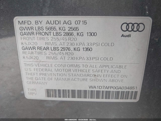 44680285 :رقم المزاد ، WA1D7AFP0GA034851 vin ، 2016 Audi Q5 3.0t Premium Plus مزاد بيع