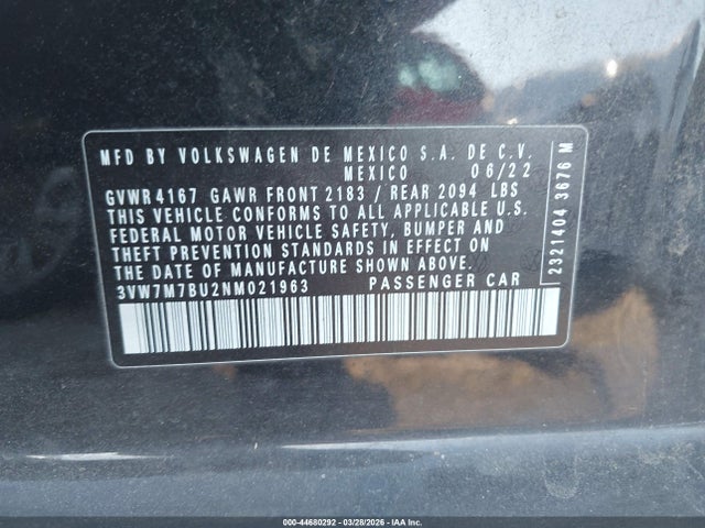 44680292 :رقم المزاد ، 3VW7M7BU2NM021963 vin ، 2022 Volkswagen Jetta 1.5t Se مزاد بيع