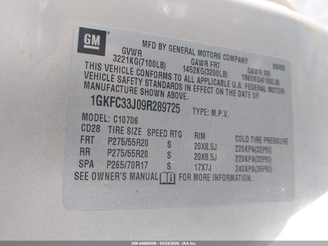 Продажа на аукционе авто 2009 Gmc Yukon Slt2, vin: 1GKFC33J09R289725, номер лота: 44680306