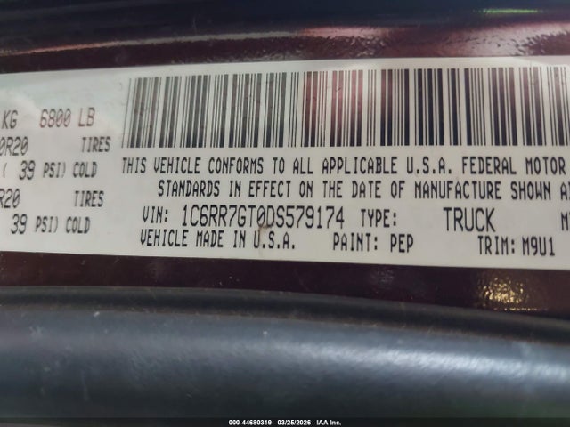 44680319 :رقم المزاد ، 1C6RR7GT0DS579174 vin ، 2013 Ram 1500 Big Horn مزاد بيع