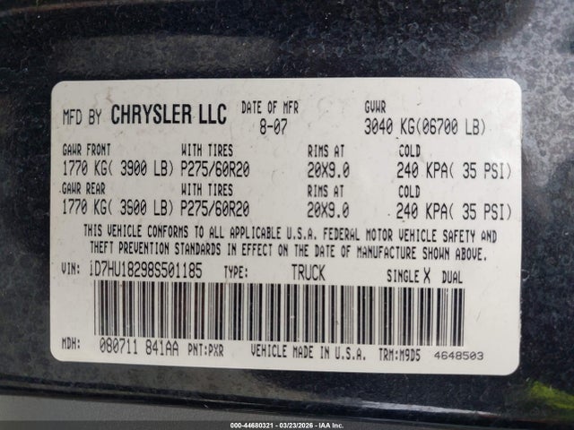 Продаж на аукціоні авто 2008 Dodge Ram 1500 Slt, vin: 1D7HU18298S501185, номер лоту: 44680321