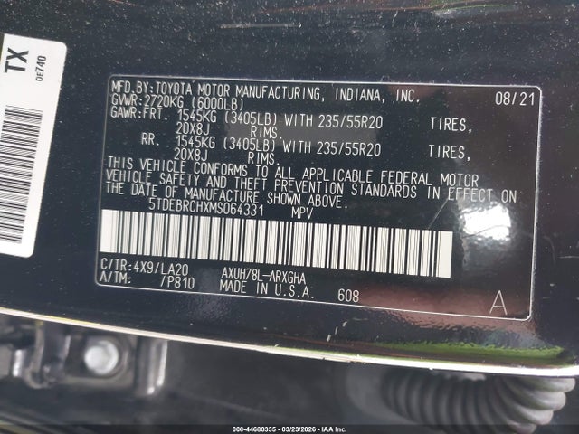 44680335 :رقم المزاد ، 5TDEBRCHXMS064331 vin ، 2021 Toyota Highlander Hybrid Platinum مزاد بيع