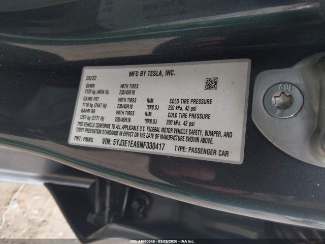Aukcja sprzedaży 2022 Tesla Model 3 Rear-wheel Drive, vin: 5YJ3E1EA6NF330417, numer aukcji: 44680346