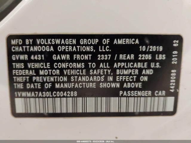 2020 Volkswagen Passat 2.0t R-line მანქანა იყიდება აუქციონზე, vin: 1VWMA7A30LC004288, აუქციონის ნომერი: 44680375