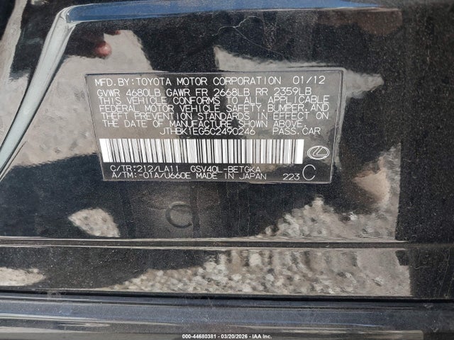 44680381 :رقم المزاد ، JTHBK1EG5C2490246 vin ، 2012 Lexus Es 350 مزاد بيع