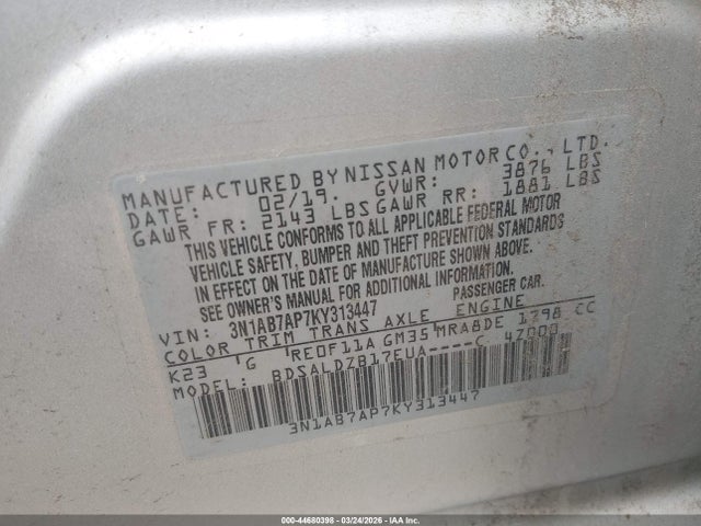 44680398 :رقم المزاد ، 3N1AB7AP7KY313447 vin ، 2019 Nissan Sentra Sv مزاد بيع