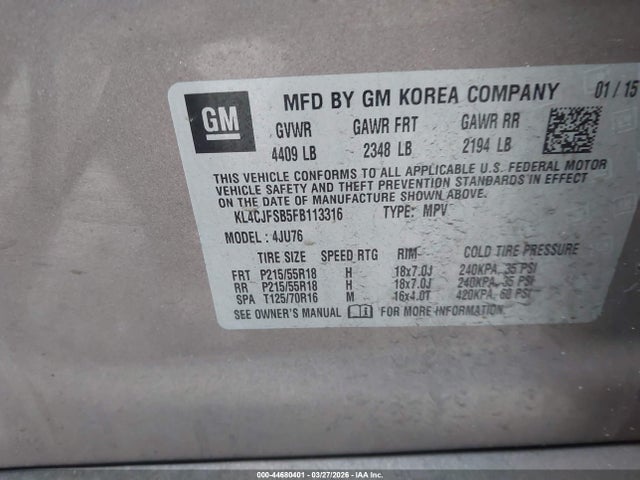 Продаж на аукціоні авто 2015 Buick Encore Convenience, vin: KL4CJFSB5FB113316, номер лоту: 44680401