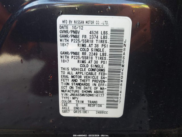 Продажа на аукционе авто 2013 Nissan Rogue Sv W/sl Pkg, vin: JN8AS5MV5DW614177, номер лота: 44680402