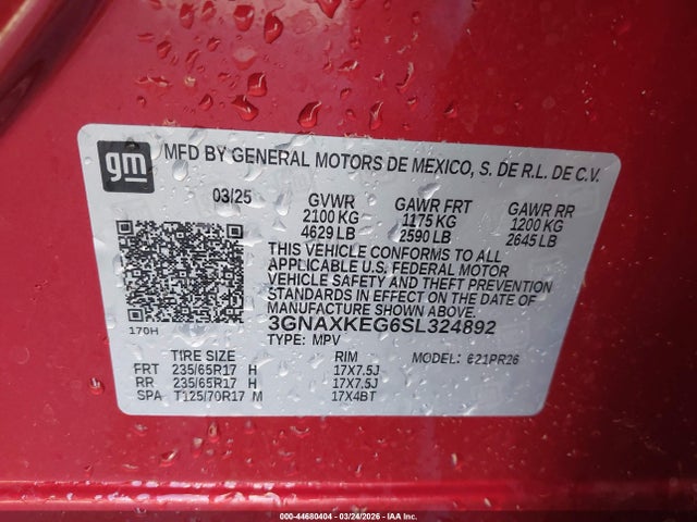 44680404 :رقم المزاد ، 3GNAXKEG6SL324892 vin ، 2025 Chevrolet Equinox Fwd Activ مزاد بيع