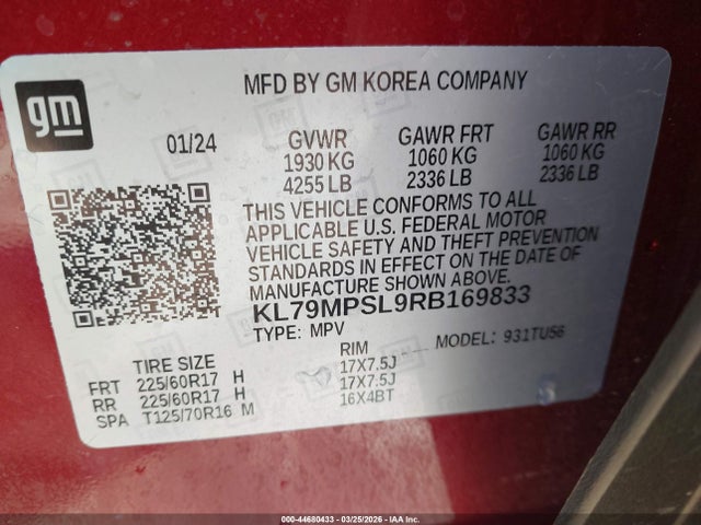 Auction sale of the 2024 Chevrolet Trailblazer Fwd Lt, vin: KL79MPSL9RB169833, lot number: 44680433