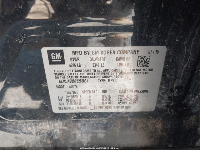 44680434 :رقم المزاد ، KL4CJASB9FB265831 vin ، 2015 Buick Encore مزاد بيع