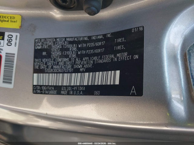 Aukcja sprzedaży 2016 Toyota Sienna L 7 Passenger, vin: 5TDZK3DC9GS703191, numer aukcji: 44680440