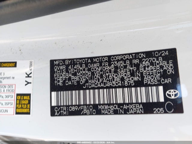 Продаж на аукціоні авто 2024 Toyota Prius Le, vin: JTDACAAU4R3041875, номер лоту: 44680452