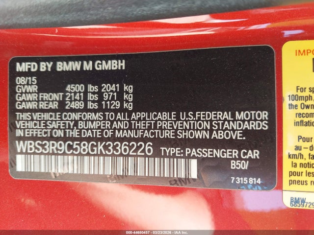 44680457 :رقم المزاد ، WBS3R9C58GK336226 vin ، 2016 Bmw M4 مزاد بيع