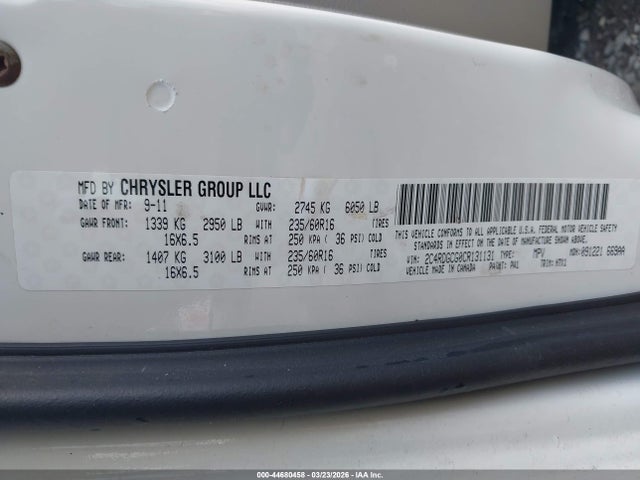 Продажа на аукционе авто 2012 Dodge Grand Caravan Sxt, vin: 2C4RDGCG0CR131131, номер лота: 44680458