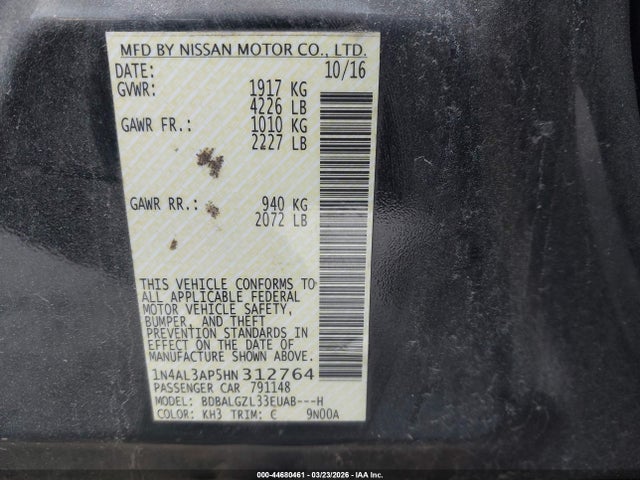 Aukcja sprzedaży 2017 Nissan Altima 2.5 S, vin: 1N4AL3AP5HN312764, numer aukcji: 44680461
