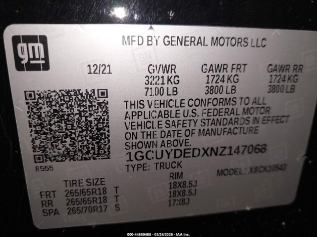 44680465 :رقم المزاد ، 1GCUYDEDXNZ147068 vin ، 2022 Chevrolet Silverado 1500 Ltd 4wd  Short Bed Lt مزاد بيع