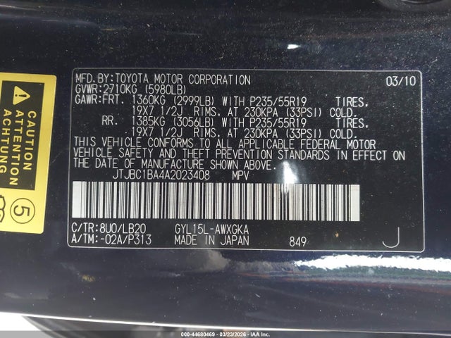 2010 Lexus Rx 450h მანქანა იყიდება აუქციონზე, vin: JTJBC1BA4A2023408, აუქციონის ნომერი: 44680469