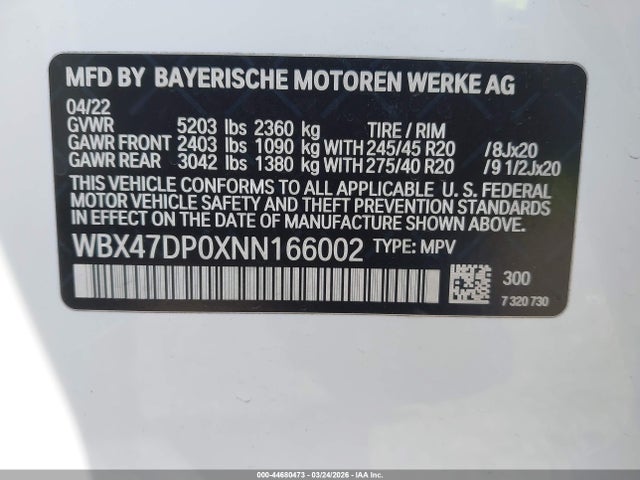 2022 Bmw X3 Sdrive30i მანქანა იყიდება აუქციონზე, vin: WBX47DP0XNN166002, აუქციონის ნომერი: 44680473